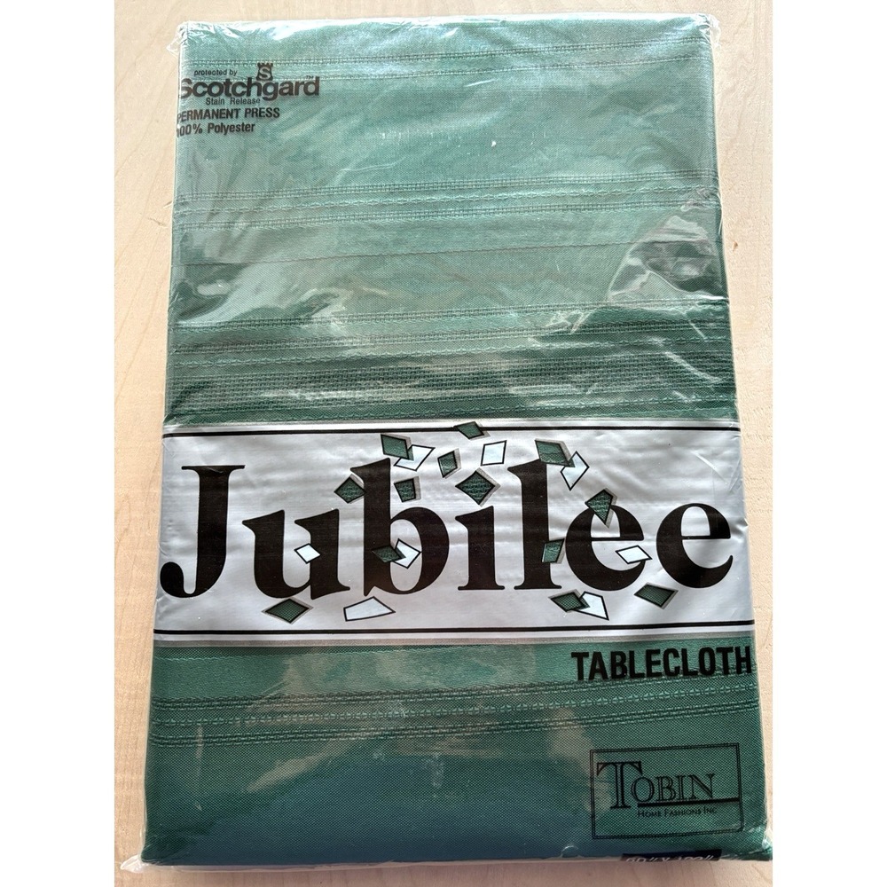 Vintage Tobin Jubilee Tablecloth NIP 60 x 120 Oblong Christmas Green Stripe